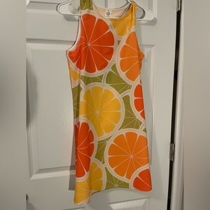 Polyester dress, size XS. 70s orange print.